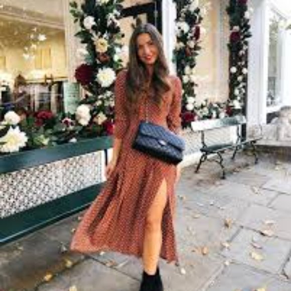 Topshop Dresses & Skirts - Topshop Rust Spot Shirt Dress Pleated Maxi Dress- Front Slit Size 8 NWOT